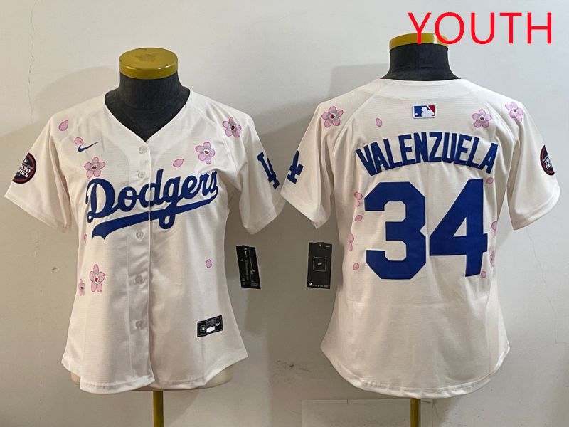 Youth Los Angeles Dodgers #34 Valenzuela Cream Sakura Edition 2025 Nike MLB Jersey style 1->youth mlb jersey->Youth Jersey
